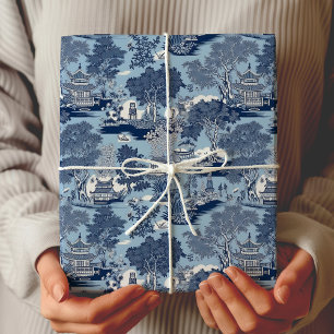 Papier Cadeau Chic Bleu Blanc Chinoiserie Saules Toile Cottage