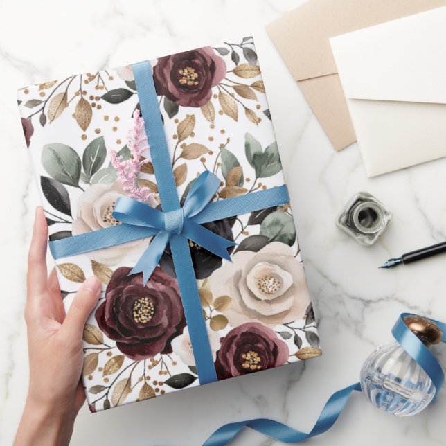 Papier Cadeau Chic bordeaux crème floral Baby Shower de mariage (Cadeaux)