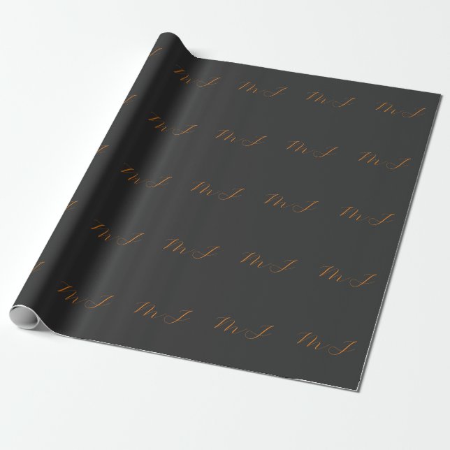 Papier Cadeau Chic calligraphie gris orange monogramme nom initi (Déroulé)