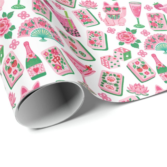 Papier Cadeau Chic Capriceux Rose & Vert Soirée Mahjong (Coin rond)