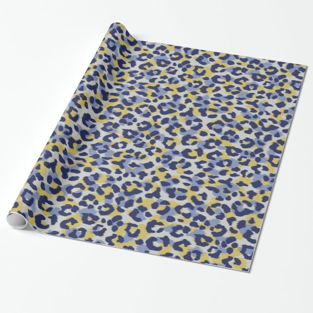 Papier Cadeau Chic coloré bleu jaune guépard imprimé monogramme (Déroulé)