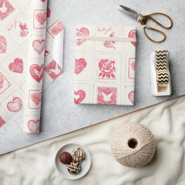 Papier Cadeau Chic Crème Rouge Valentine Coeurs Aimer (Artisanat)