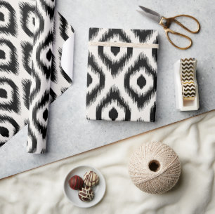 Papier Cadeau Chic Élégant Mod Noir Ivoire Motif Ikat Diamant
