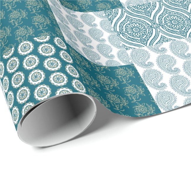 Papier Cadeau Chic ethnique Faux Patchwork Motif, Turquoise et b (Coin rond)