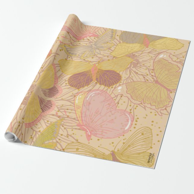 Papier Cadeau Chic Gold Leaf and Butterfly Pink Background (Déroulé)