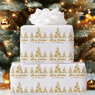 Papier Cadeau Chic Gold Snowflakes Joyeux sapin de Noël Personna