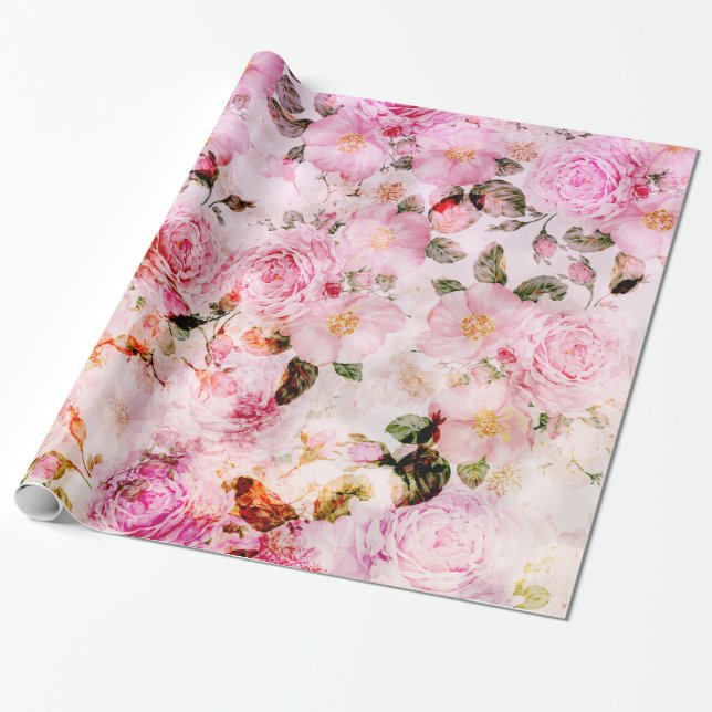 Papier Cadeau Chic Joli Push Pink Rose Floral (Déroulé)