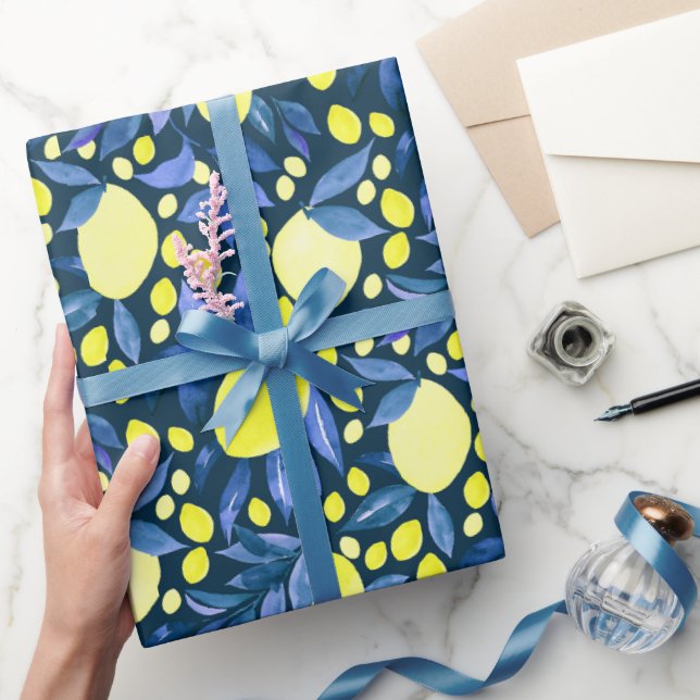 Papier Cadeau Chic Méditerranéen Rustique Citrons Feuille Bleue (Cadeaux)