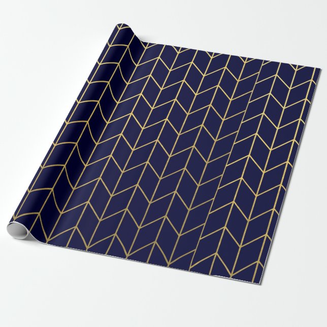 Papier Cadeau Chic moderne de bleu marine de Chevron d'or jaune (Déroulé)