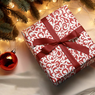 Papier Cadeau Chic motif floral damassé rouge foncé blanc