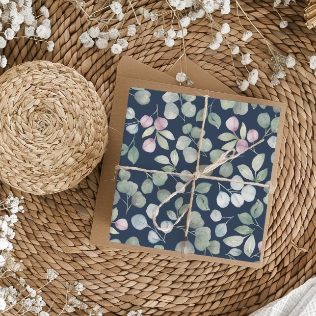 Papier Cadeau Chic Navy Blue & Eucalyptus Mariage (Créateur téléchargé)