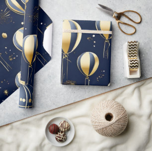 Papier Cadeau Chic Navy Blue Gold Balloon fête son anniversaire