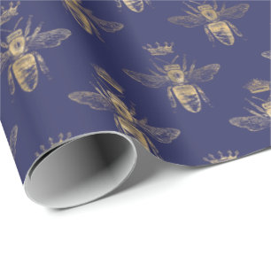 Papier Cadeau Chic Navy Blue Gold Queen Bee Motif