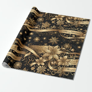 Papier Cadeau Chic Or Noir Flocon de Neige Paillettes Floral Noë