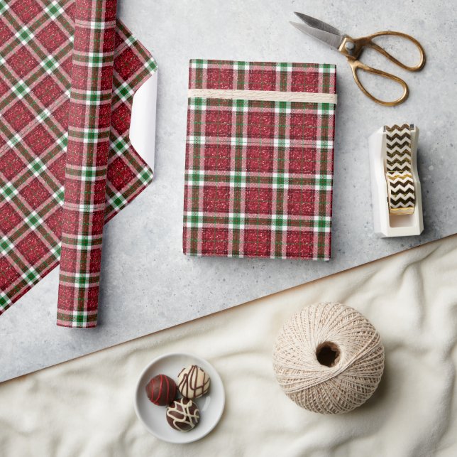Papier Cadeau Chic Pailleté Carreaux de Noël  (Artisanat)