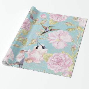 Papier Cadeau Chic Pastel Turquoise Roses Vintages Motif colibri