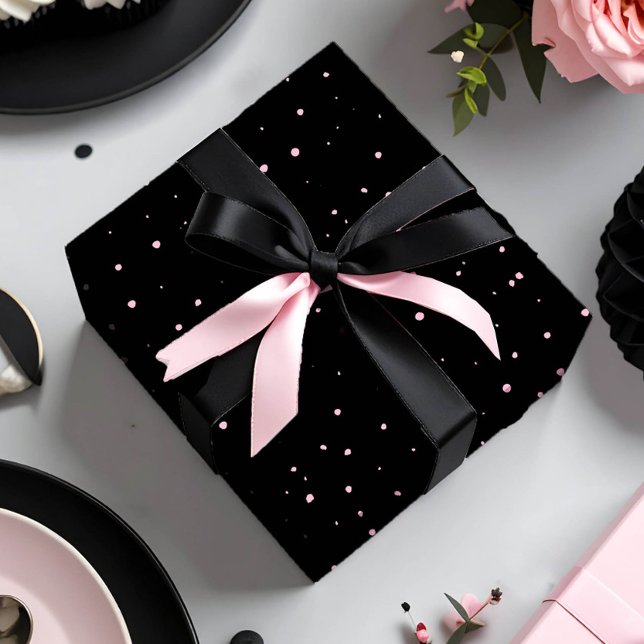 Papier Cadeau Chic Pois aléatoire rose sur noir ID1162 (Créateur téléchargé)