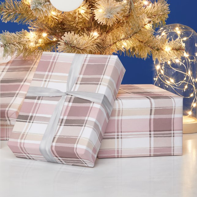 Papier Cadeau Chic Rose Crème Blanche Plaid Stripes Noël (Vacances)