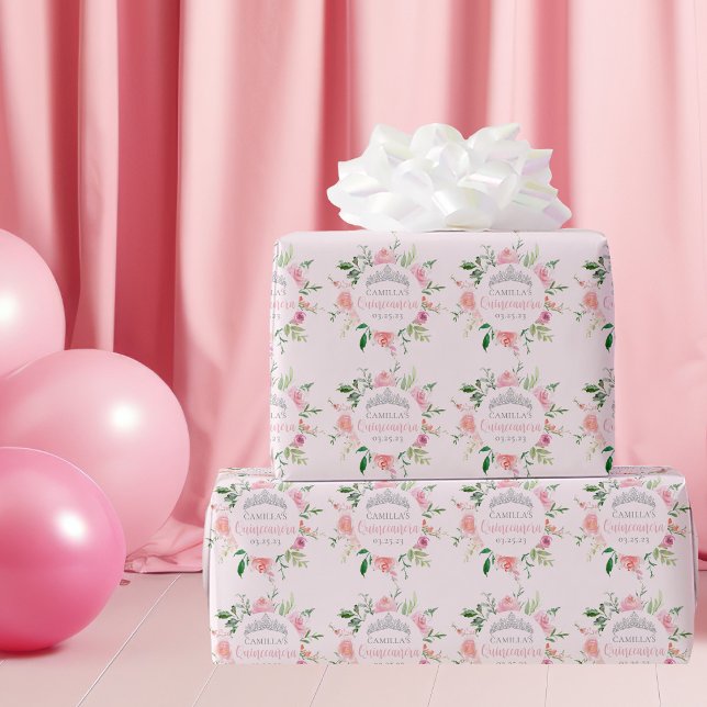 Papier Cadeau Chic rose Floral Quinceañera Argent Tiara Annivers (Créateur téléchargé)