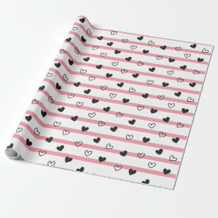 Papier Cadeau Chic rose rayures Coeurs noir et blanc