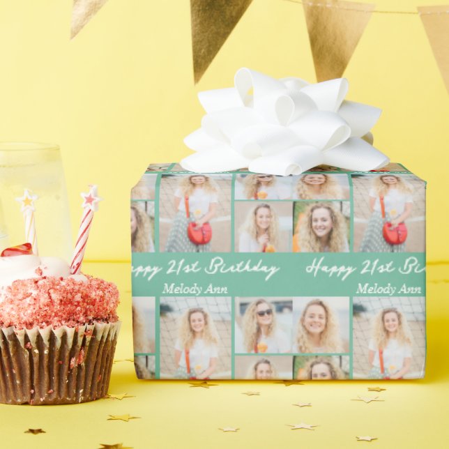 Papier Cadeau Chic Seafoam Green Happy Birthday Photo Collage (Fête d'anniversaire)