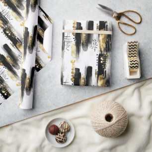 Papier Cadeau Chic Sophistiqué Abstrait Traits Noir et Or