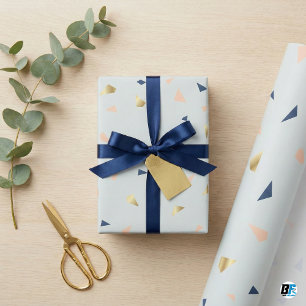 Papier Cadeau Chic Terrazzo Abstrait Feuille D'Or Fausse Et Bleu