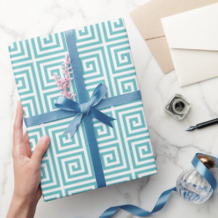 Papier Cadeau Chic turquoise grec clé motif géométrique monogram