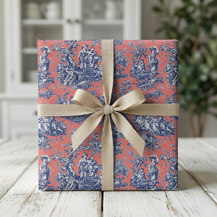 Papier Cadeau Chic vintage corail rouge bleu toile de jouy impri