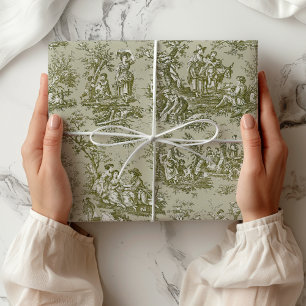 Papier Cadeau Chic Vintage Vert Gris Scènes de Toile de Jouy