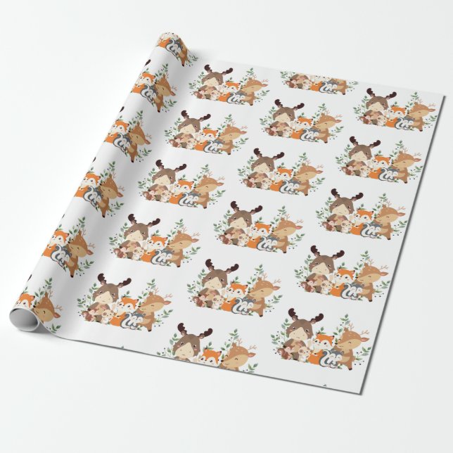 Papier Cadeau Chic Woodland Green Forest Animaux Enveloppement P (Déroulé)