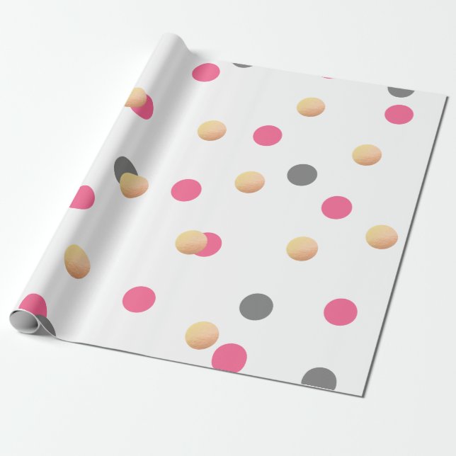 Papier Cadeau chick élégant faux or gris confetti rose points (Déroulé)