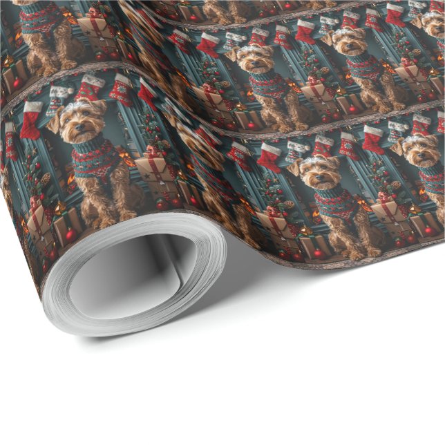 Papier Cadeau Chien Airedale avec cheminée de cadeaux de Noël (Coin rond)