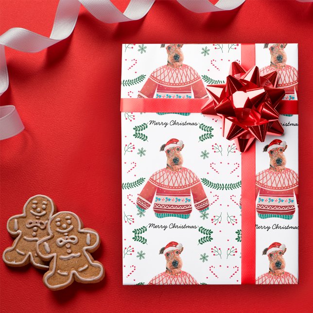 Papier Cadeau Chien Airedale portant un pull de Noël Festif (Créateur téléchargé)