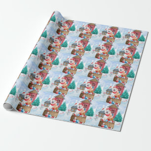 Papier Cadeau Chien Akita dans une maison de Noël enneigée