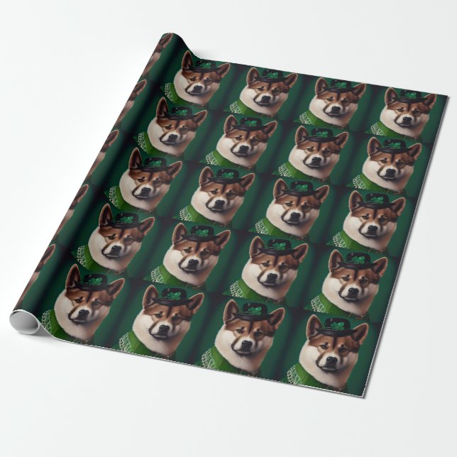 Papier Cadeau chien akita en robe de la Saint-Patrick (Déroulé)