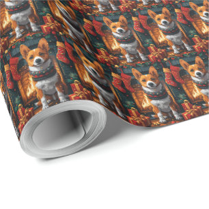 Papier Cadeau Chien Basenji avec des cadeaux de Noël Cheminée