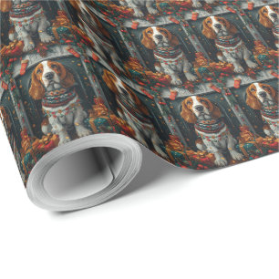 Papier Cadeau Chien Basset Hound avec des cadeaux de Noël Chemin