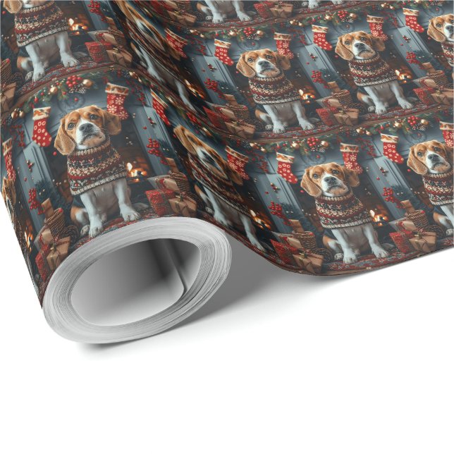 Papier Cadeau Chien Beagle avec des cadeaux de Noël Cheminée (Coin rond)