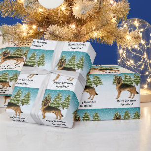 Papier Cadeau Chien Berger Allemand Noir et Feu Forêt d'Hiver