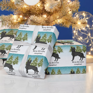 Papier Cadeau Chien Berger Allemand noir Forêt enneigée d'hiver