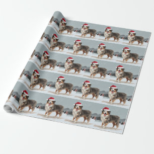 Papier Cadeau Chien berger australien en Noël de neige