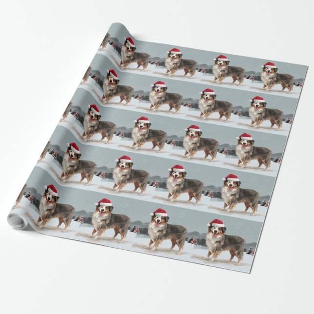 Papier Cadeau Chien berger australien en Noël de neige (Déroulé)