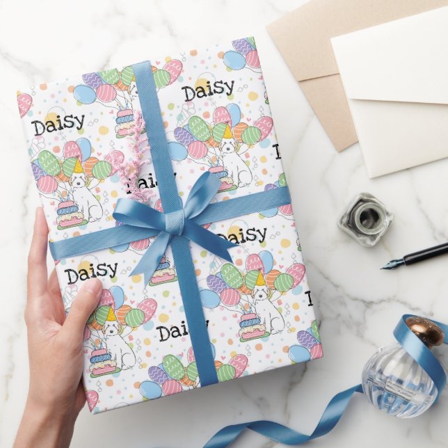 Papier Cadeau Chien blanc Aussiedoodé fête d'anniversaire (Cadeaux)