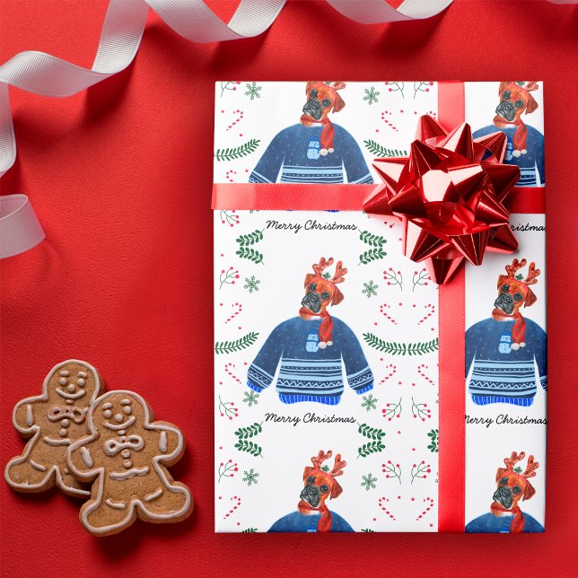 Papier Cadeau Chien Boxer portant un pull de Noël Festif (Créateur téléchargé)