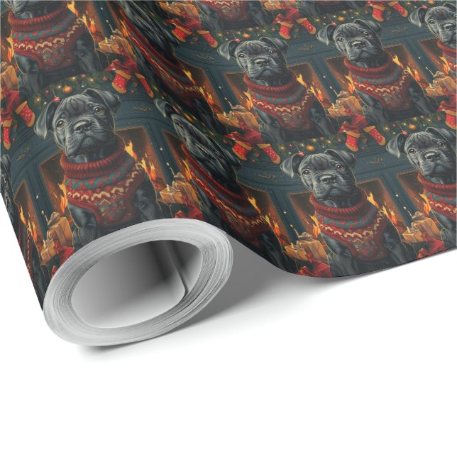 Papier Cadeau Chien Cane Corso avec cheminée de cadeaux de Noël (Coin rond)