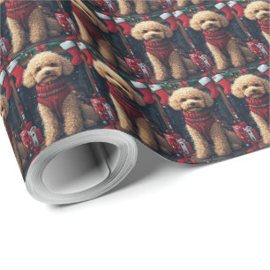 Papier Cadeau Chien Caniche Avec Cheminée De Cadeaux De Noël