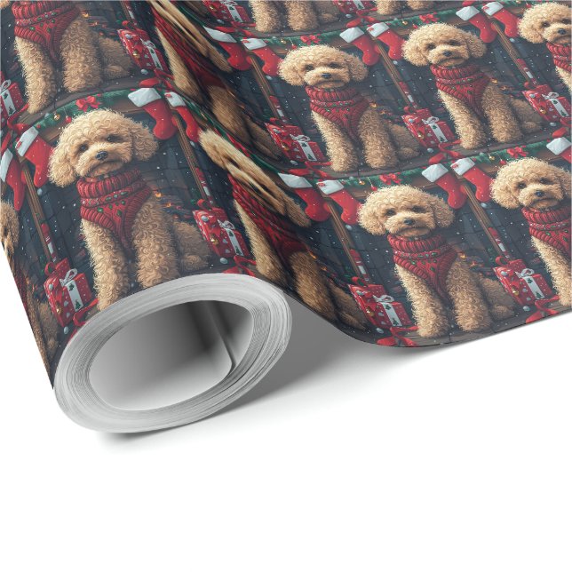 Papier Cadeau Chien Caniche Avec Cheminée De Cadeaux De Noël (Coin rond)