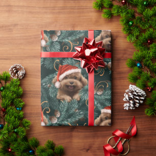Papier Cadeau Chien Caniche Mignon Chapeau de Père Noël Branches