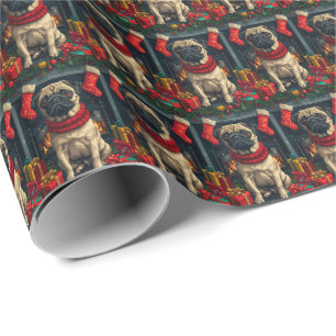 Papier Cadeau Chien Carlin Avec Des Cadeaux De Noël Cheminée 